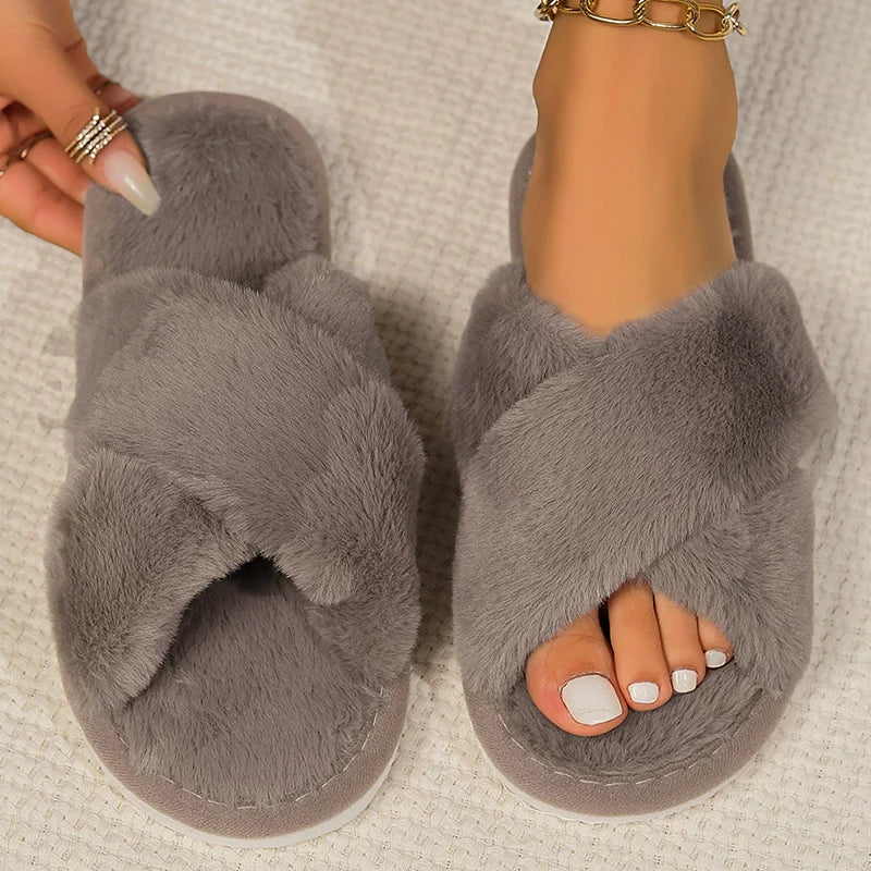 Cross Band Fur Slippers for Women Fluffy Open Toe Shoes Plush Flat Home Fuzzy Floor Slipper Woman Cozy Warm Soft Sole Anti Slip