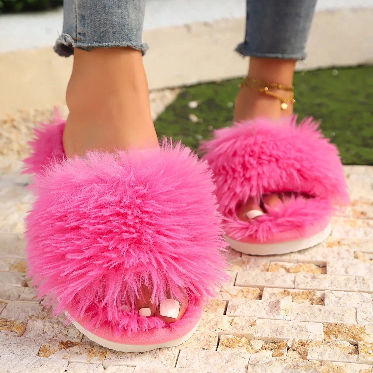 Cross Band Fur Slippers for Women Fluffy Open Toe Shoes Plush Flat Home Fuzzy Floor Slipper Woman Cozy Warm Soft Sole Anti Slip