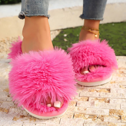 Cross Band Fur Slippers for Women Fluffy Open Toe Shoes Plush Flat Home Fuzzy Floor Slipper Woman Cozy Warm Soft Sole Anti Slip