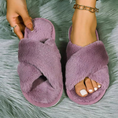 Cross Band Fur Slippers for Women Fluffy Open Toe Shoes Plush Flat Home Fuzzy Floor Slipper Woman Cozy Warm Soft Sole Anti Slip
