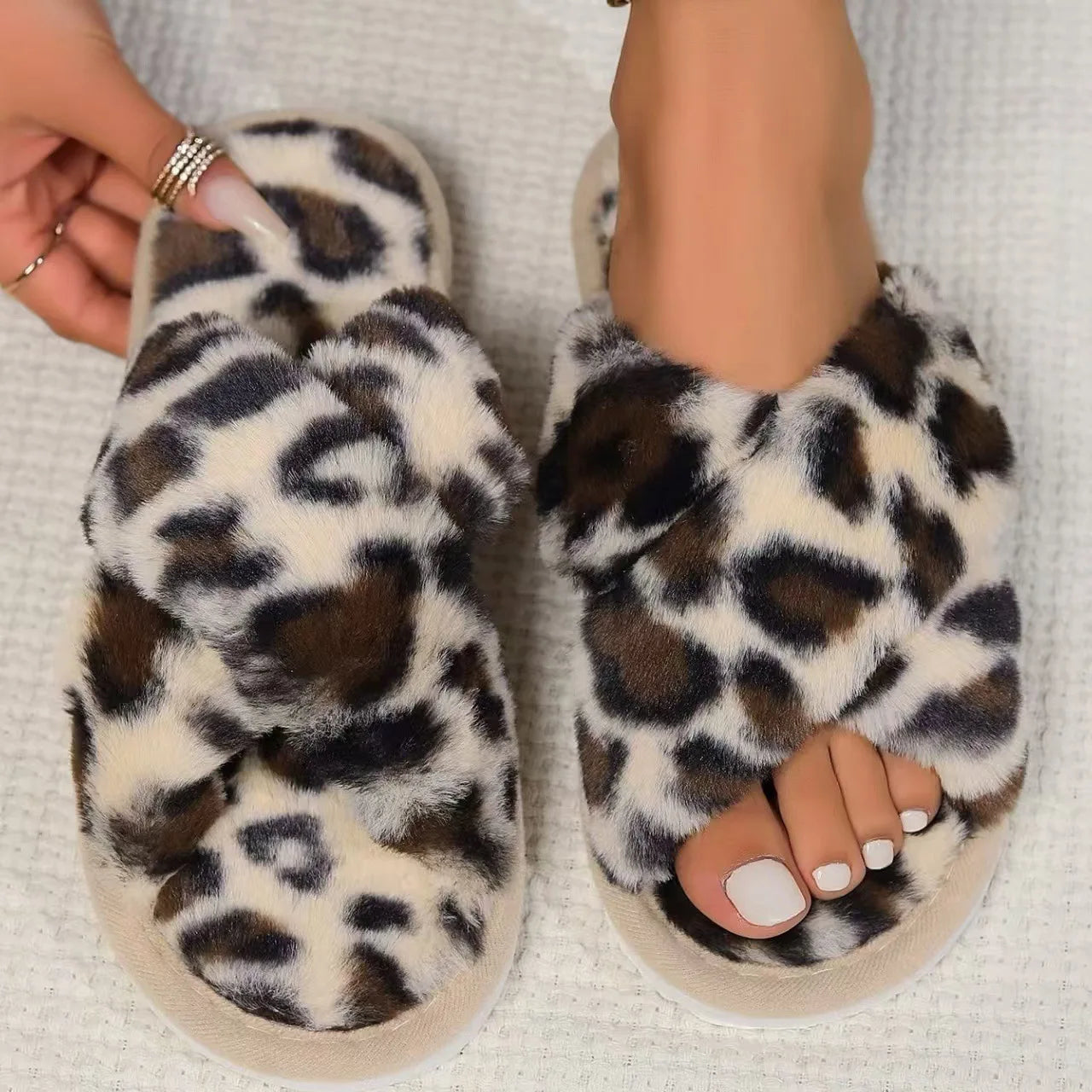 Cross Band Fur Slippers for Women Fluffy Open Toe Shoes Plush Flat Home Fuzzy Floor Slipper Woman Cozy Warm Soft Sole Anti Slip