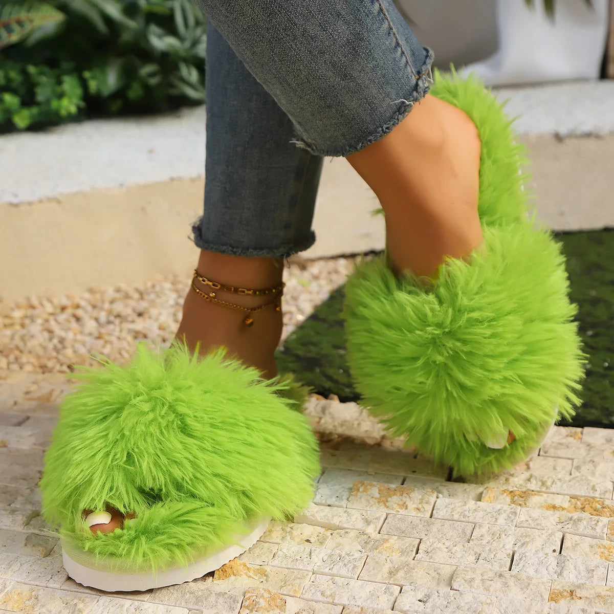 Cross Band Fur Slippers for Women Fluffy Open Toe Shoes Plush Flat Home Fuzzy Floor Slipper Woman Cozy Warm Soft Sole Anti Slip