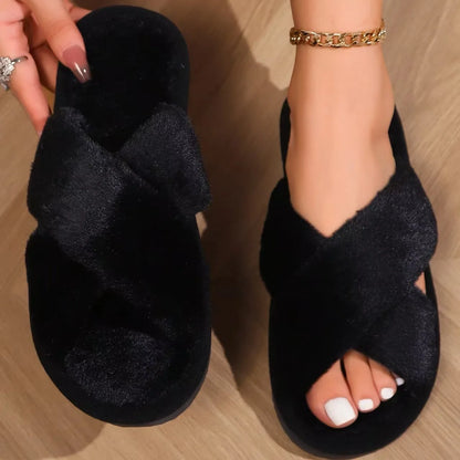 Cross Band Fur Slippers for Women Fluffy Open Toe Shoes Plush Flat Home Fuzzy Floor Slipper Woman Cozy Warm Soft Sole Anti Slip