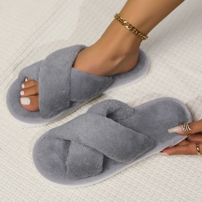 Cross Band Fur Slippers for Women Fluffy Open Toe Shoes Plush Flat Home Fuzzy Floor Slipper Woman Cozy Warm Soft Sole Anti Slip